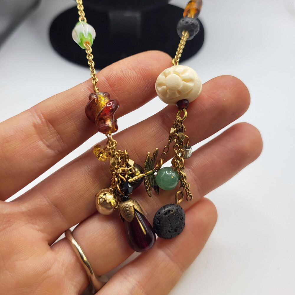 Charm Lariat Necklace Gemstone Blown Glass Pearl Pumice Coral Jade 28in